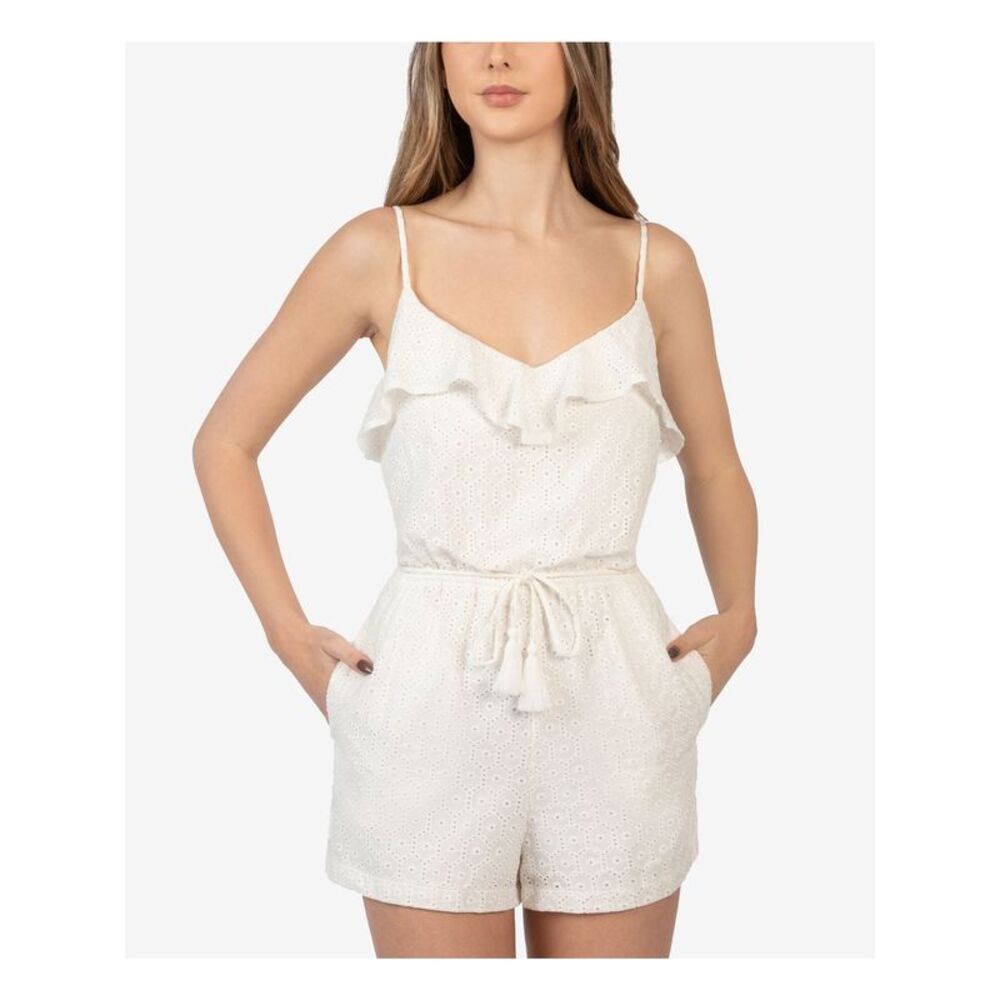 B DARLIN Womens Romper Ivory Tie Spaghetti Strap V Neck Adjustable Juniors 1\2